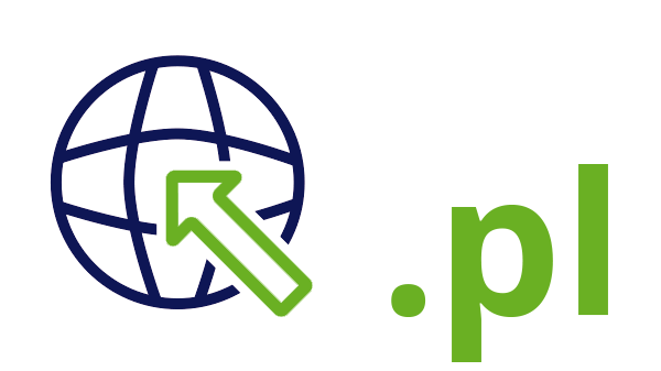 Internet landcode Polen .pl - donkerblauwe open wereldbol - groene pijl - groene internetextensie op transparante achtergrond - 600 * 337 pixels 